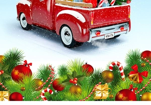 Detailed 3D Christmas pop-up card featuring a red vintage truck with gifts and snowy scenery
