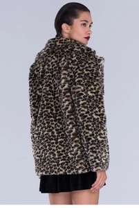 Detailed side-back view of mid-length faux fur coat with classic leopard print texture