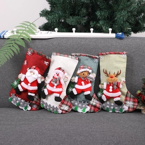 Christmas Stocking Gift Bag 3D Santa Snowman Reindeer Bear Linen Burlap Plaid Holiday Party Tree Hanging Decoration