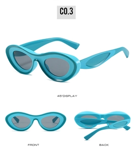 Detailed multi-angle view of bright blue oval sunglasses frame in C0.3 colorway