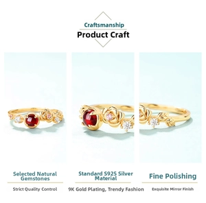 Macro detail of S925 silver ring featuring red garnet and floral rose petal patterns
