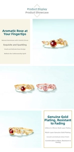 Detailed macro of rose-shaped silver rings with red garnet and 0.3um gold plating