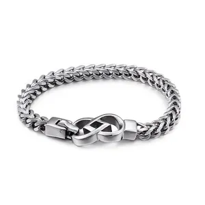 Polished silver stainless steel foxtail chain bracelet with unique infinity buckle for men