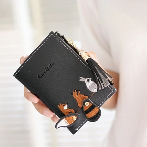Black short folding wallet with cute fox embroidery and tassel charm for women