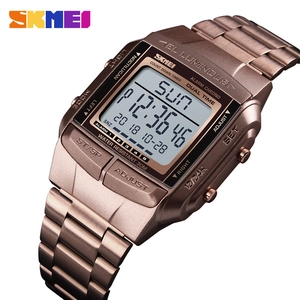 Rose gold digital sports watch with metal strap and multi-functional LED display