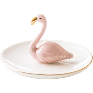 Detailed view of white ceramic jewelry dish featuring a pink flamingo with golden accents