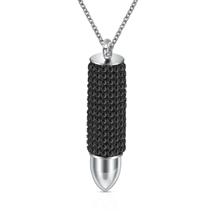 Polished silver stainless steel bullet pendant necklace with black rhinestone inlay details