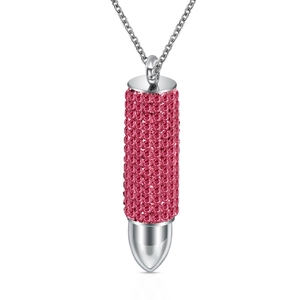 Pink rhinestone encrusted bullet pendant necklace with silver stainless steel chain