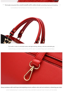 Close-up of durable plating metal hooks and premium stitching on red and black PU leather bag
