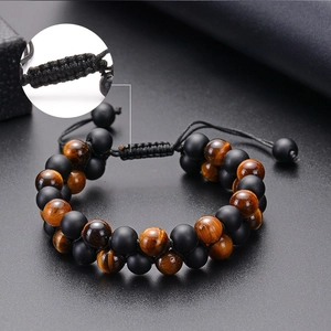 Tiger eye and black onyx double-layer beaded bracelet with adjustable nylon cord