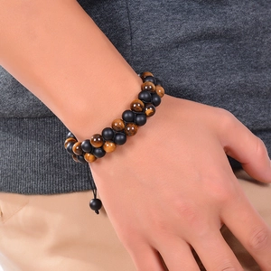 Men's double layer tiger eye and matte black bead bracelet with adjustable cord
