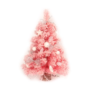 Pink flocked mini Christmas tree with silver ornaments and wooden base table decor