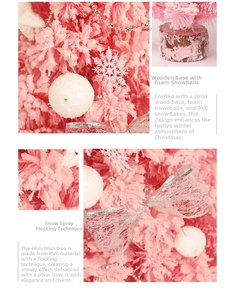 Detail of pink flocked mini Christmas tree featuring wooden base and silver mesh bow