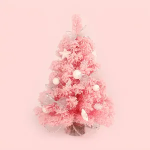 Pink Flocked Christmas Tree With LED Lights Tabletop Holiday Decoration PVC Wooden Base Star And Snowball Ornaments