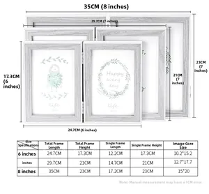Detailed size comparison chart for tri-fold wooden frames in 6, 7, and 8 inch specifications