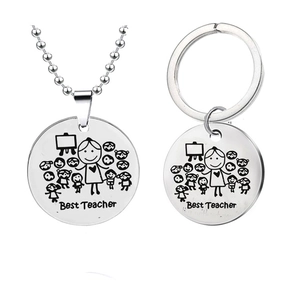Polished Stainless Steel Best Teacher Round Pendant Keychain And Necklace Appreciation Graduation Gift For Teachers
