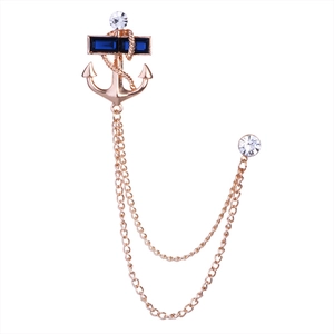 Navy style rose gold anchor brooch with blue crystals and tassel chain accessory