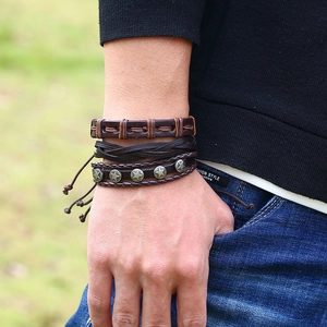 Men's retro braided leather bracelet set with star metal charms and adjustable cord
