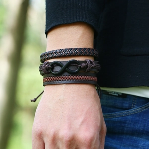 Men's retro multi-layer braided leather bracelet set featuring an infinity symbol