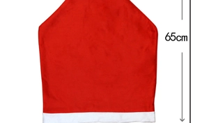 Detail of red velvet Christmas chair cover with plush white border and 65cm height label