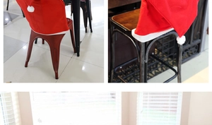 Detail view of red and white Santa hat chair covers shown on various metal stools