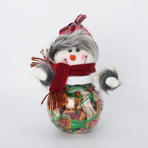 Christmas snowman candy jar with plush head and transparent round plastic container
