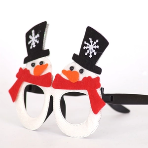 Macro detail of Christmas snowman party glasses frames with festive white glitter finish