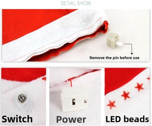 Detail show of Christmas hat LED star light, battery box and white insulation pull tab