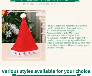 Detail view of glowing Christmas hat with red stars and 37x29cm size dimensions