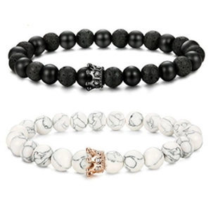 Detail of 8mm matte black lava stone and white turquoise couple crown bracelets