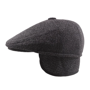Winter flat cap with warm ear flaps and thick knit texture in dark gray for men