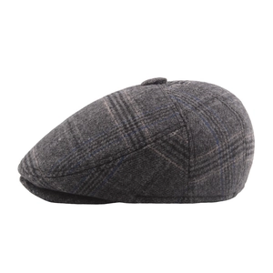 Men's winter dark grey plaid flat cap with ear flaps made of warm wool material