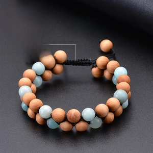 Zweireihiges verstellbares Mala-Armband mit Natursteinen und Holzperlen in Blau und Braun