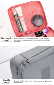 Detail of travel toiletry bag featuring mesh compartments and dual metal zippers