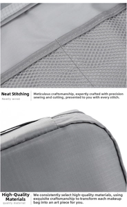 Close-up of grey travel bag showing durable fabric stitching and mesh pockets