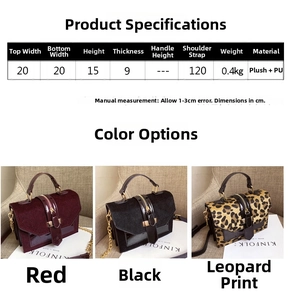 Detailed sizing chart and material specs for plush leopard print crossbody bag