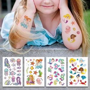 Cartoon mermaid temporary tattoo stickers for kids, set of 4 sheets with sea elements