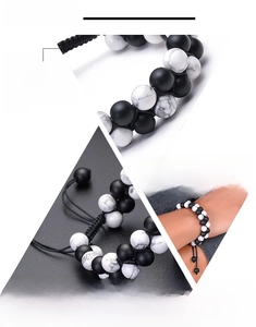 Detail view of double-layered natural stone bracelet with adjustable braided drawstring closure