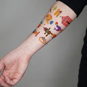 Cartoon circus themed temporary tattoos for kids featuring lions and colorful tents