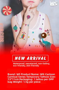 Child wearing carnival tattoos with clown, elephant and monkey circus elements