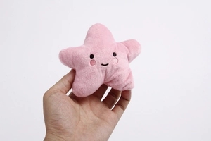 Detailed view of a soft pink star-shaped plush dog toy with cute embroidered face details