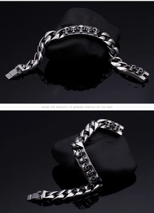 Gothic skull relief and textured links detail on a vintage silver cuban chain bracelet