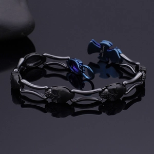 Black and blue skull cross bracelet for men in 316L stainless steel punk style
