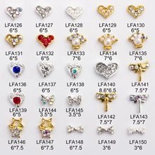 Detail view of heart and bow nail art charms with dimensions and product codes