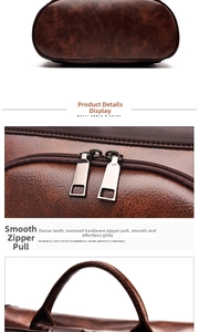 Detail view of brown soft leather backpack with double metal zippers and reinforced handle