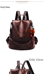 Front and side views of a dark brown pebble-textured leather backpack with pompom detail