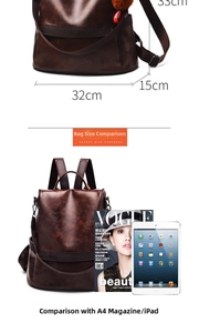 Detailed view of dark brown faux leather backpack dimensions and capacity comparison