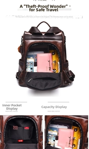 Detail view of anti-theft back zipper and large capacity compartments on brown backpack