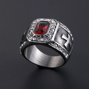 Bague rétro en acier inoxydable pour homme avec grand rubis et motifs de croix