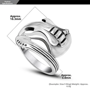 Detailed size specifications for the vintage guitar style stainless steel ring showing width